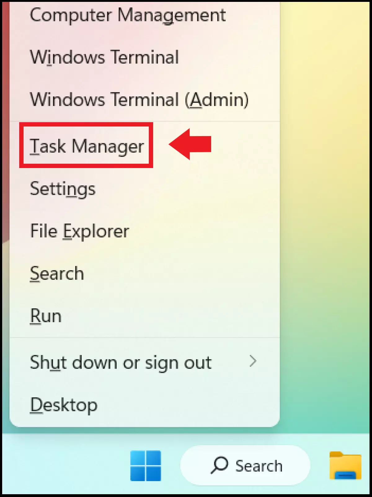 El menú de inicio de Windows con la opción task manager