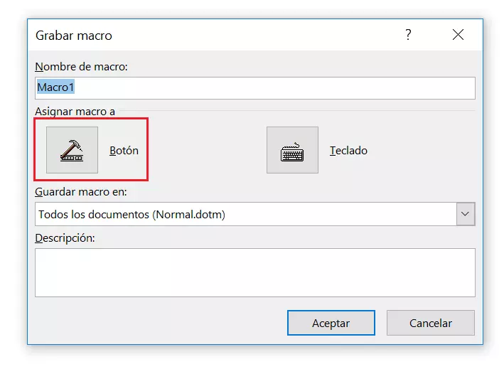 Menú “Grabar macro” en Word 2016