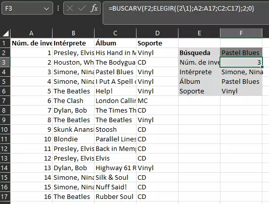 Ejemplo de la función de Excel BUSCARV usando ELEGIR