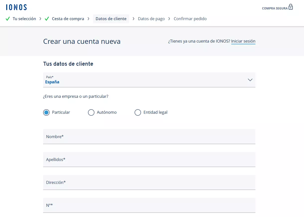 Formulario para registrar dominio con IONOS