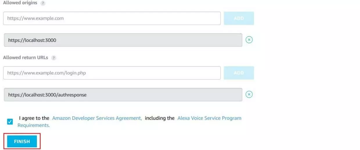 Especificación de las URL de autenticación LWA durante el proceso de registro