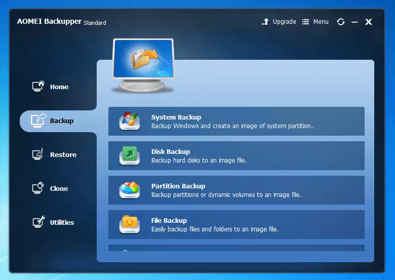 Aomei Backupper Standard 4.0.4: menú de selección del tipo de copia de seguridad