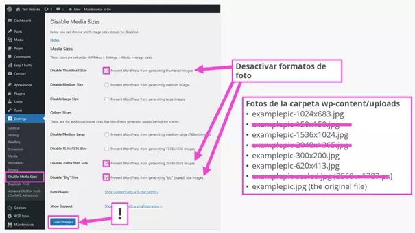 Suprimir el tamaño óptimo de las imágenes de WordPress con un plugin