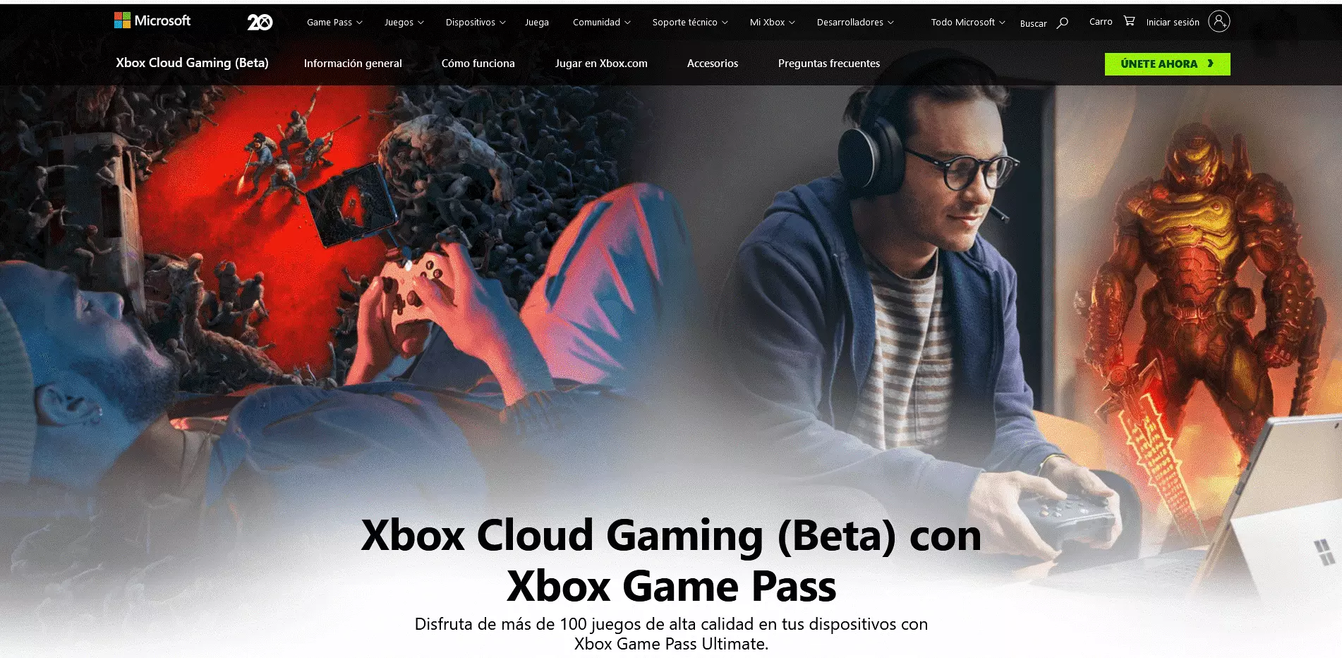 Captura de pantalla de la página web de Xbox