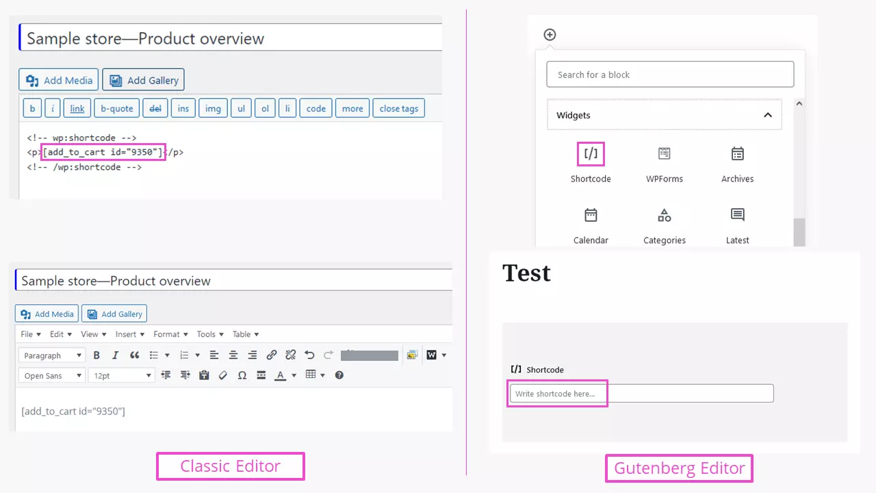 WooCommerce: introducir shortcodes con los editores clásico y Gutenberg