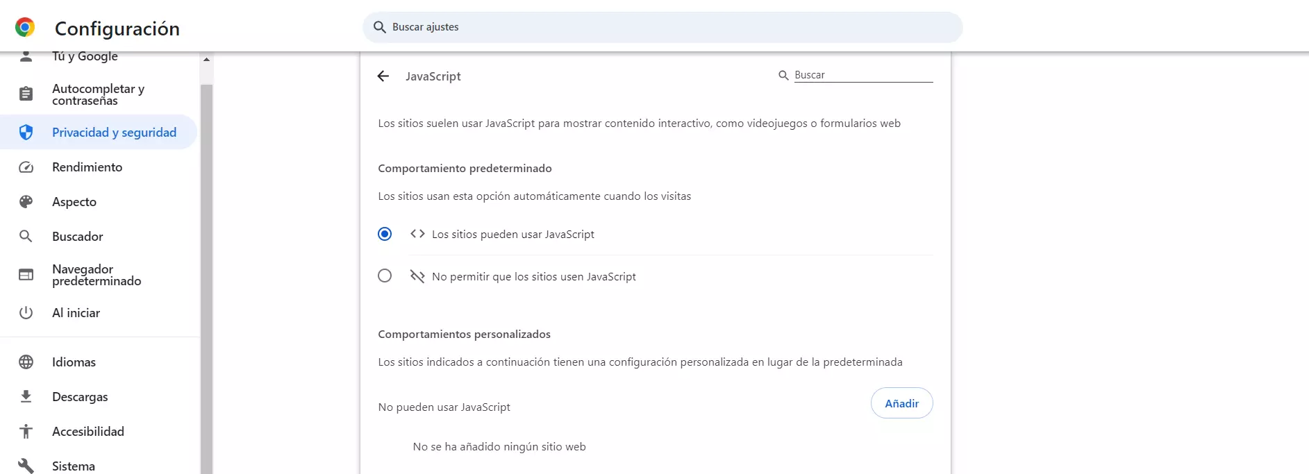 Ajustes de contenido para activar JavaScript en Chrome