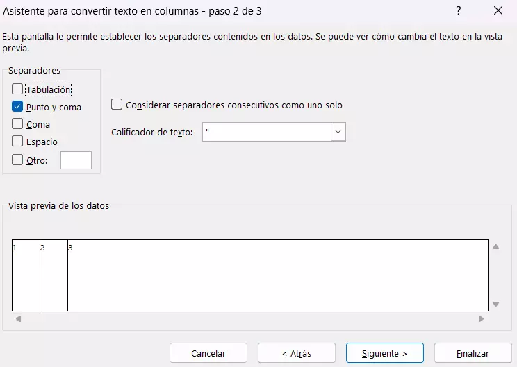 Excel: asistente para convertir texto en columnas: paso 2 de 3