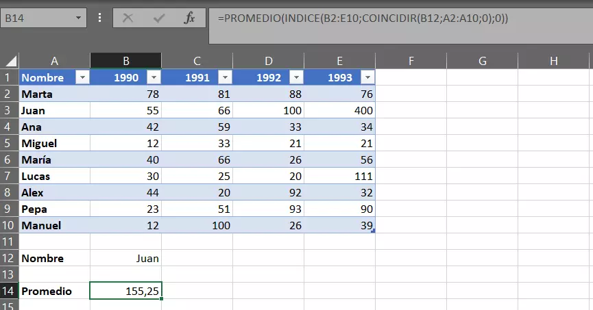 Excel: Combinación de INDICE, COINCIDIR y PROMEDIO en una tabla de Excel