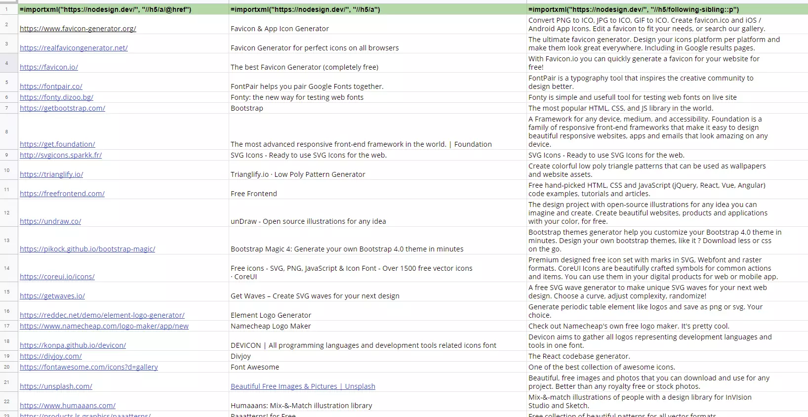 Hojas de cálculo de Google: resultado de la función importXML