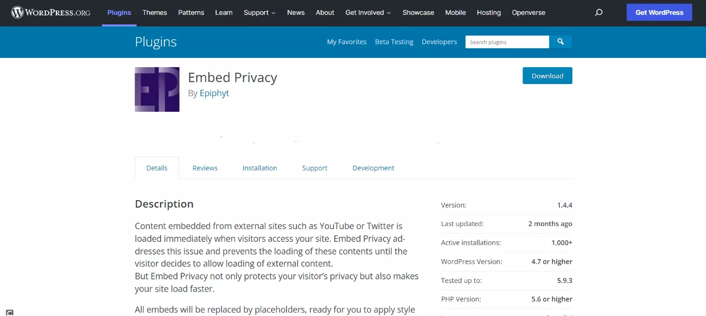 Página de inicio del plugin Embed Privacy