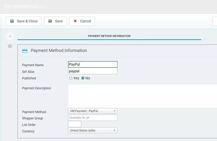 Tienda online de Joomla: Añadir un método de pago con VirtueMart