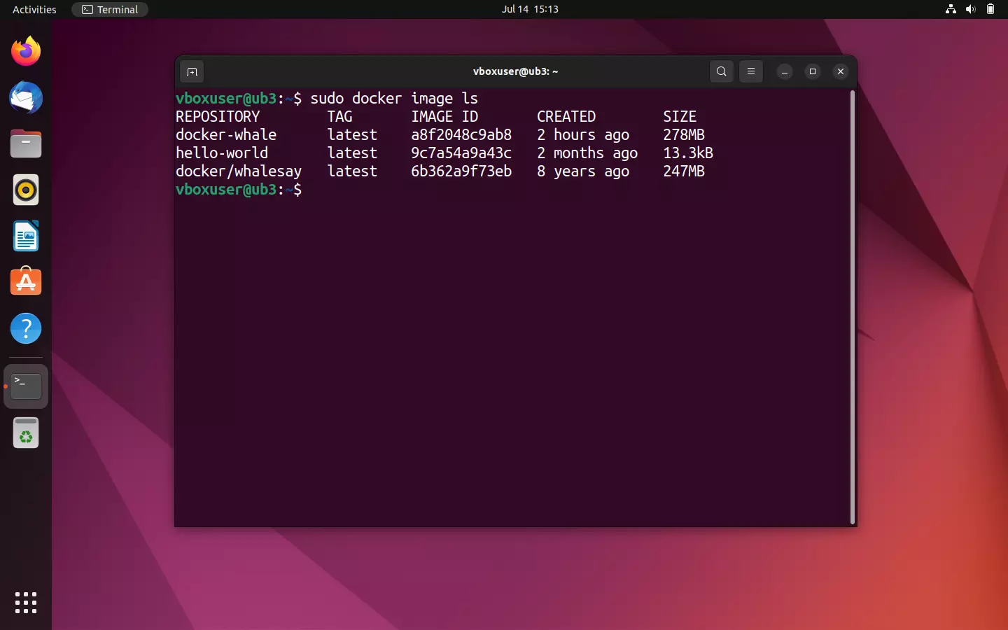 Vista general de todas las imágenes en la terminal de Ubuntu