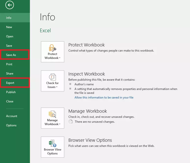 Opciones equivalentes de MS Excel: “Exportar” o “Guardar como”