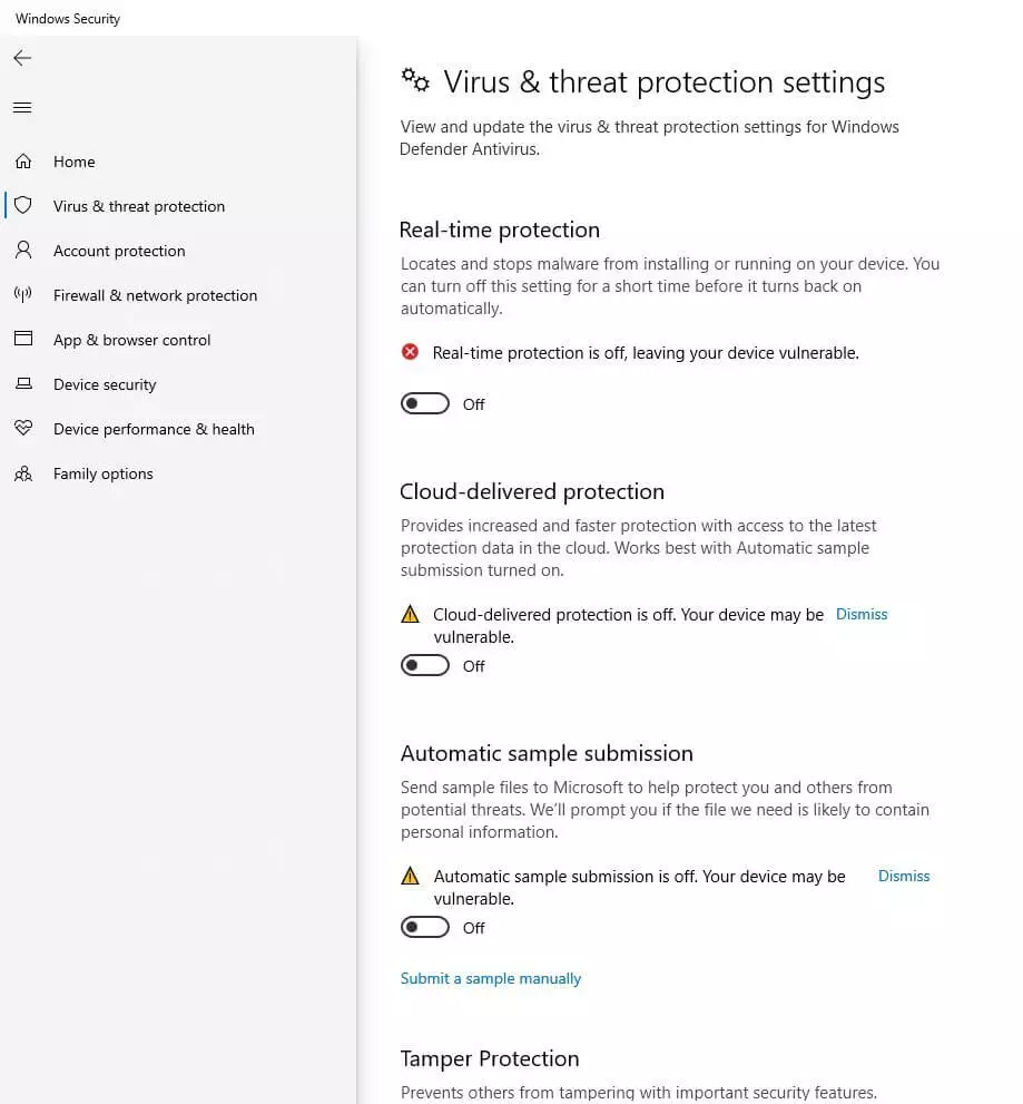 Advertencia al desactivar Windows Defender