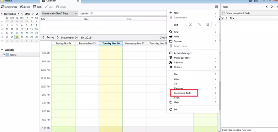 Selección de “Eventos y tareas” en el calendario de Thunderbird