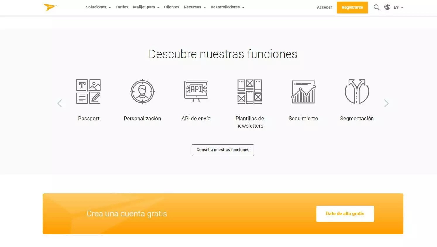 Captura de pantalla de las funciones de Mailjet