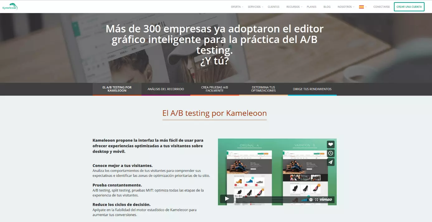 Página principal de Kameleoon con información sobre A/B testing