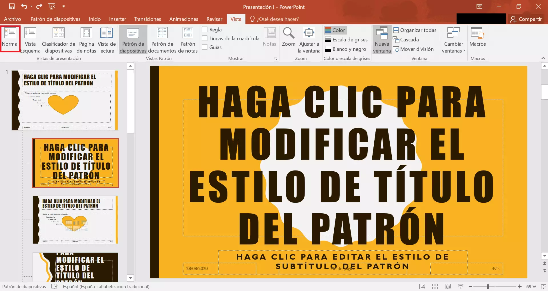 Cambiar de la vista Patrón de diapositivas a la vista Normal en PowerPoint 2019