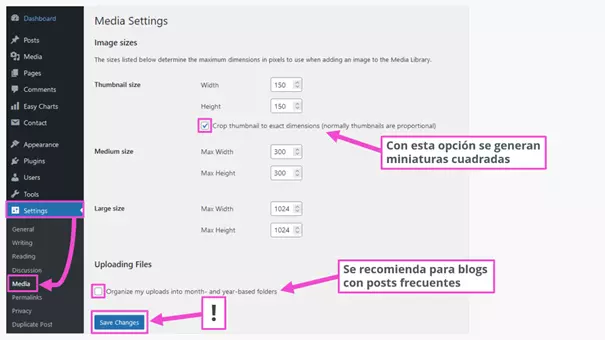 Configuración del tamaño de las imágenes en el panel de control de WordPress