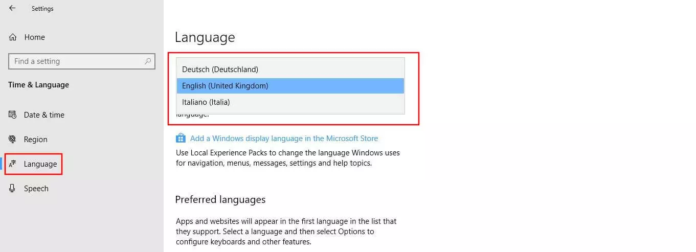 Menú “Idioma para mostrar de Windows”