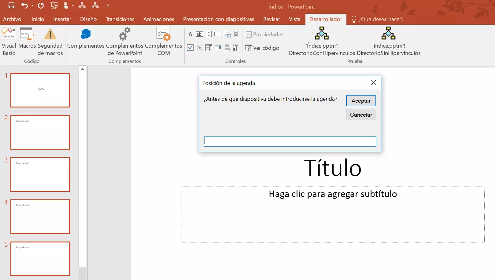 PowerPoint 2016: cuadro de diálogo de la macro “Posición de la agenda”