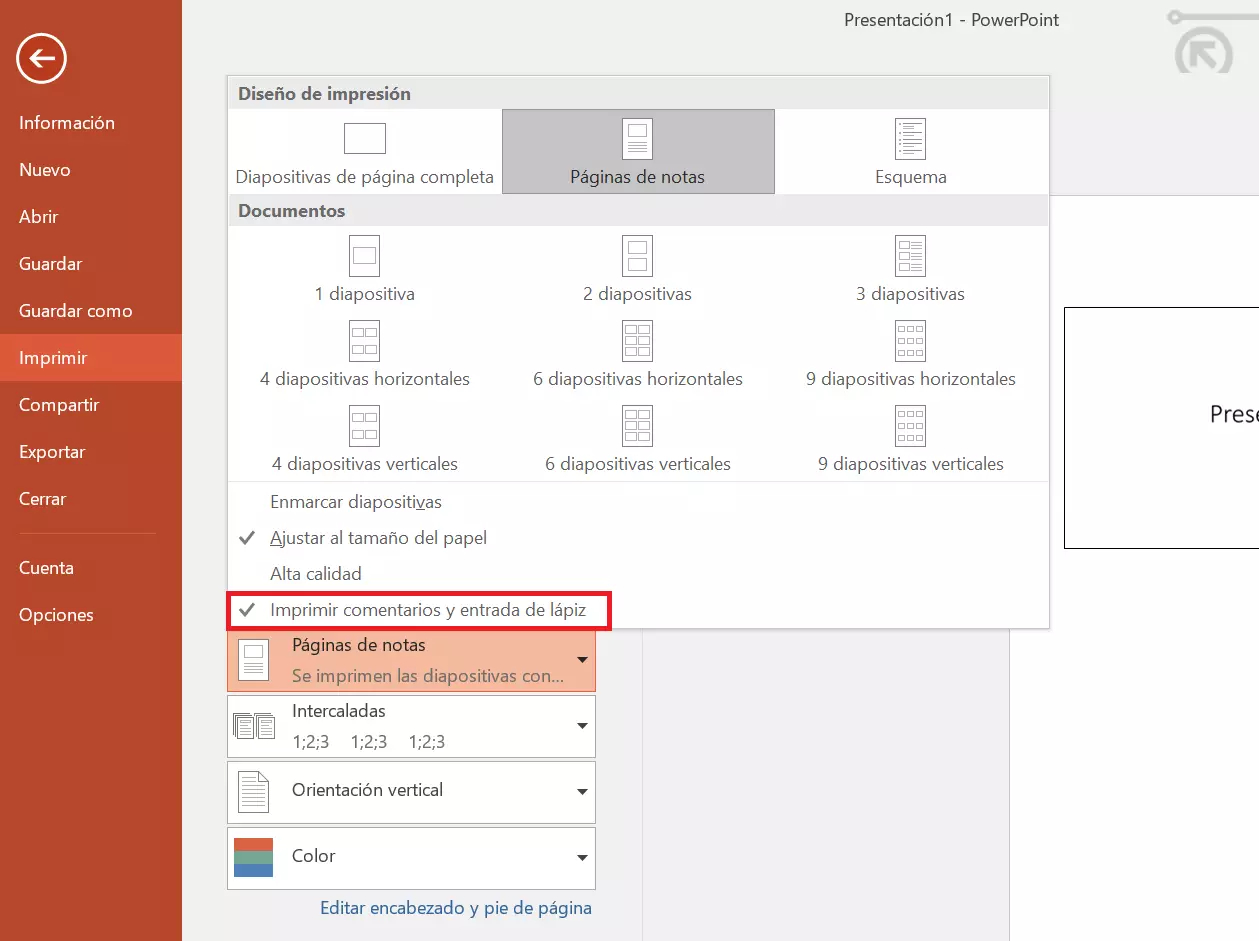 Opciones de impresión de PowerPoint: imprimir comentarios