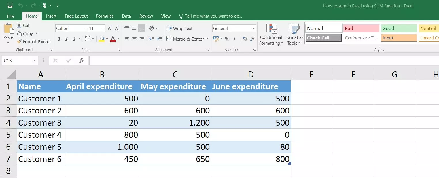 Excel 2016: tabla con valores de ejemplo