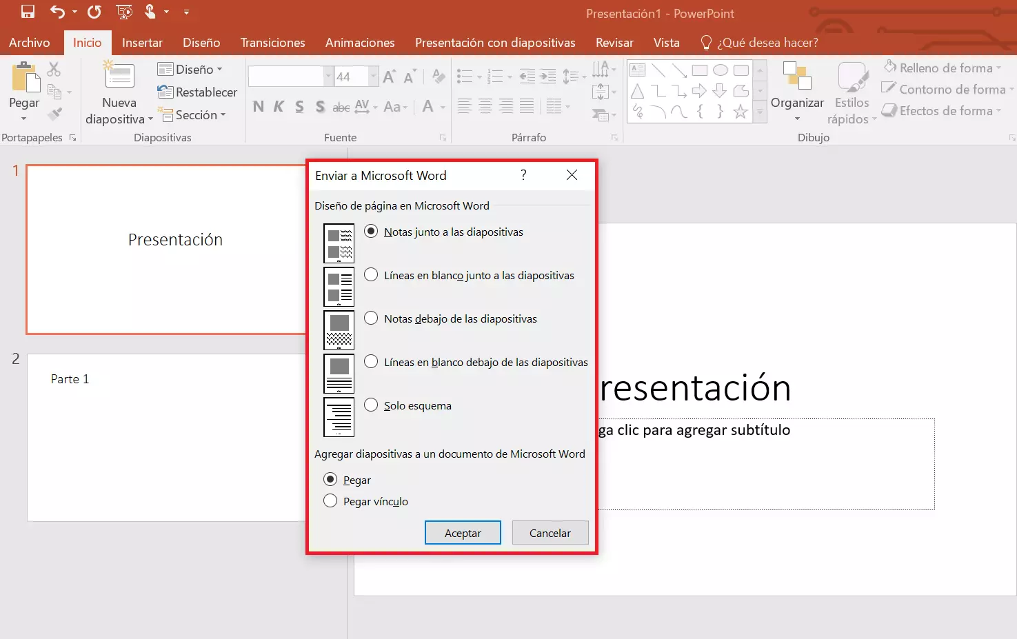 Enviar presentación de PowerPoint a Microsoft Word