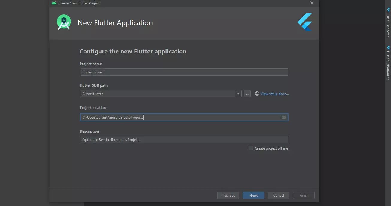 Configuración de una nueva aplicación de Flutter en Android Studio