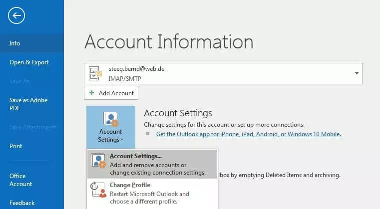 Información de cuenta en Outlook 2016