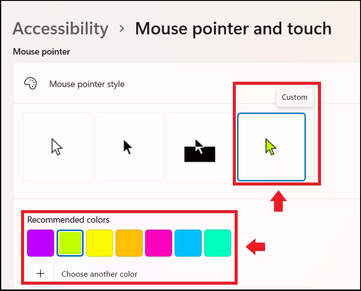 Alt-Text: Opciones de color para el cursor en el menú “Cursor del ratón”