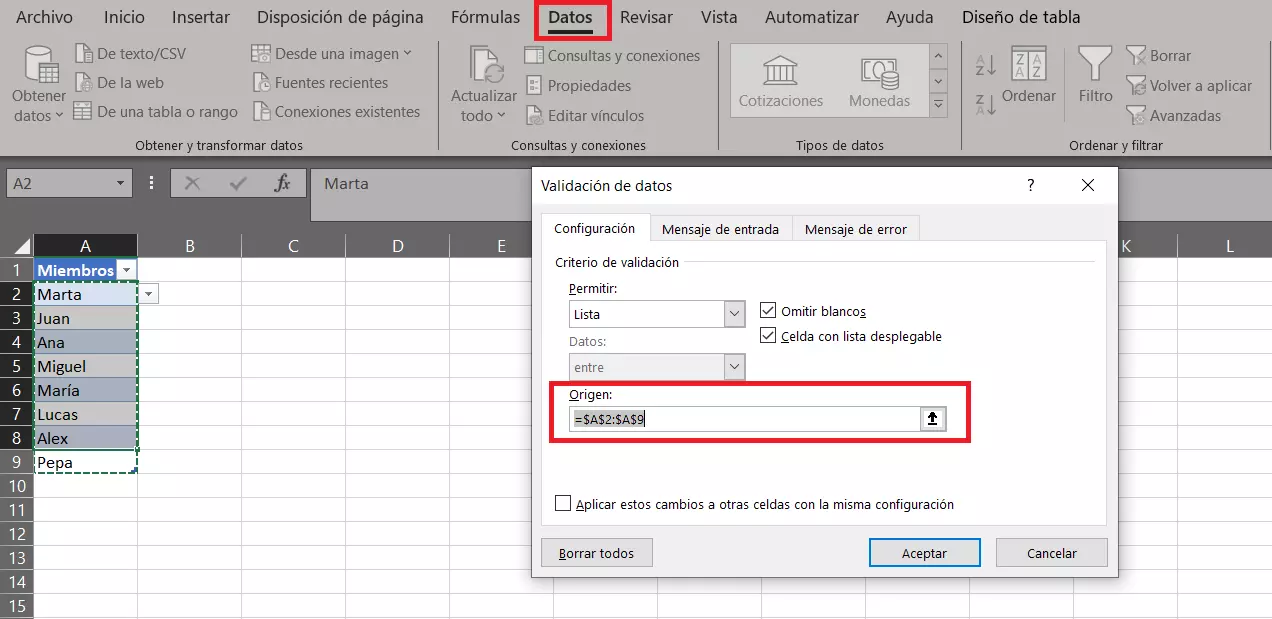 Opción de selección para editar la lista desplegable de Excel con ayuda de la “Validación de datos