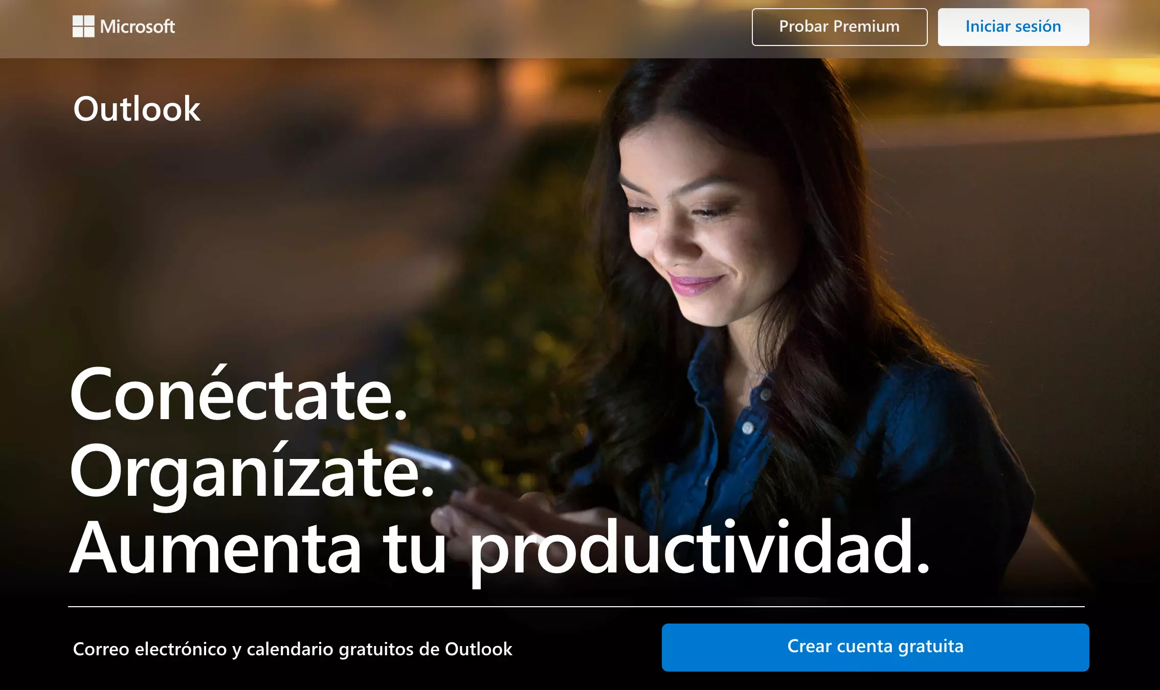 Captura de pantalla de la página de inicio de Outlook.com