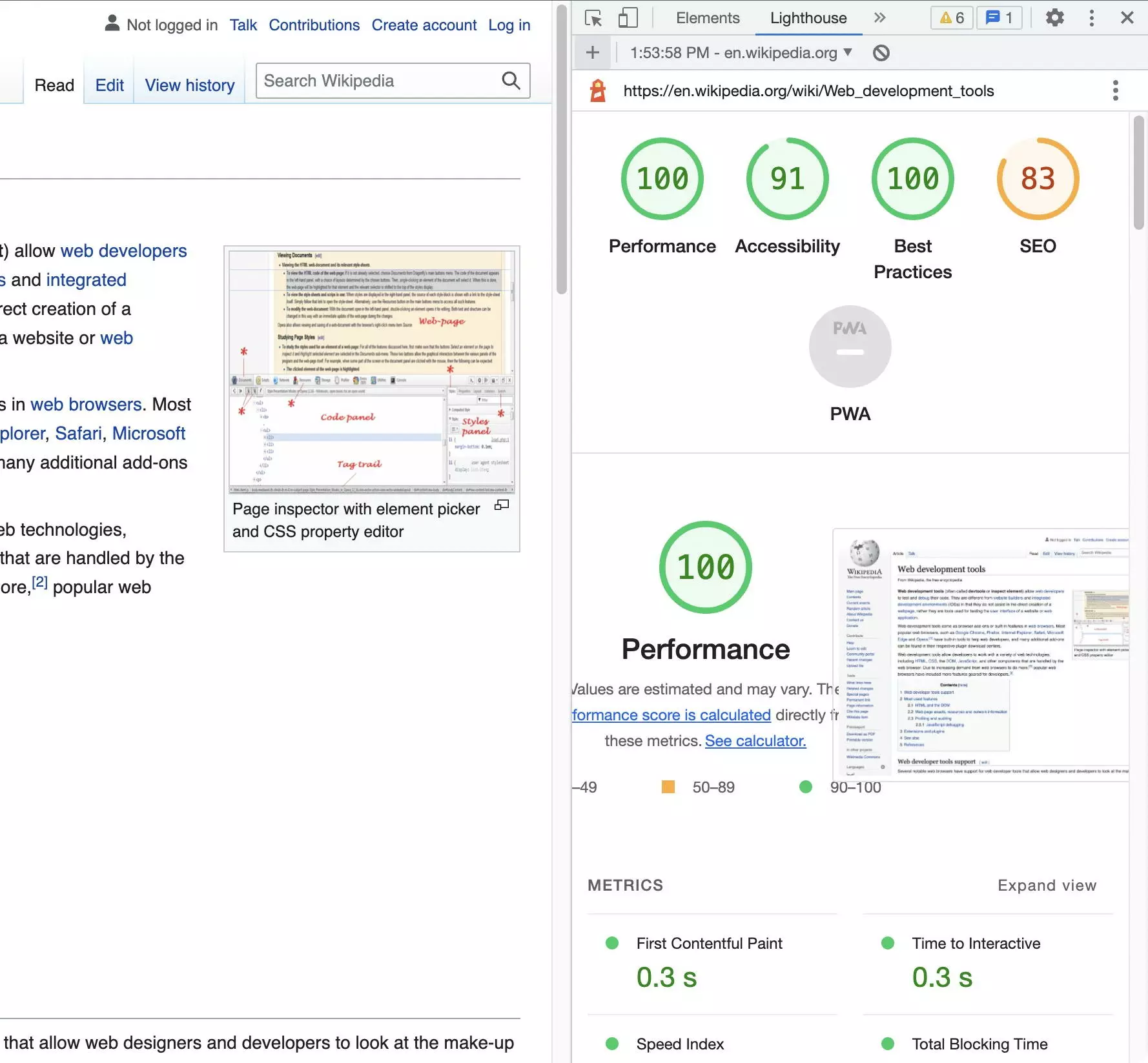 Resultado de la auditoría de Lighthouse en las Chrome DevTools