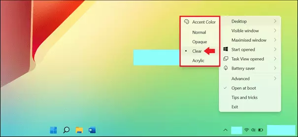 The “Clear” command in TranslucentTB makes the taskbar transparent