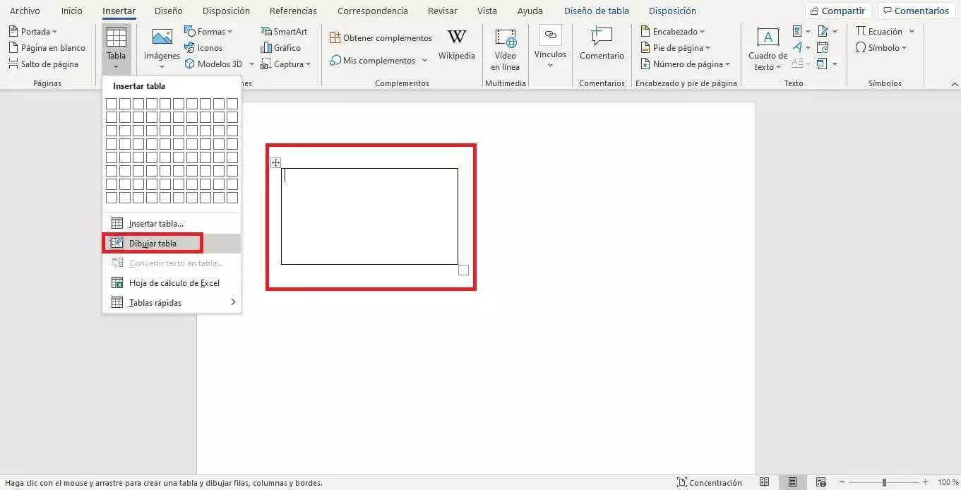 Opción para dibujar una tabla en Word