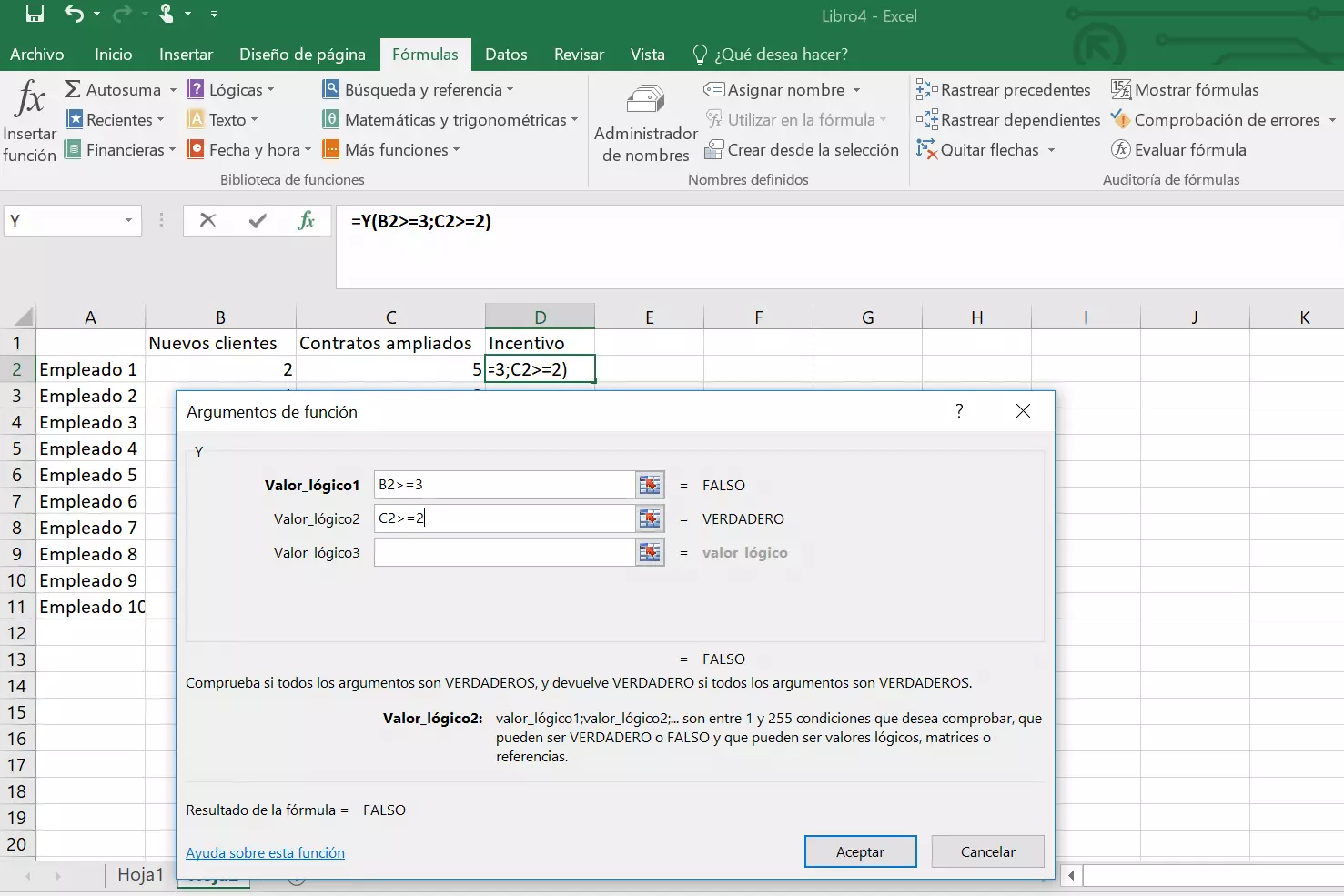 Función Y en Excel: cuadro de diálogo de “Argumentos de función”.