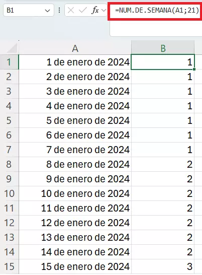 Función NUM.DE.SEMANA de Excel