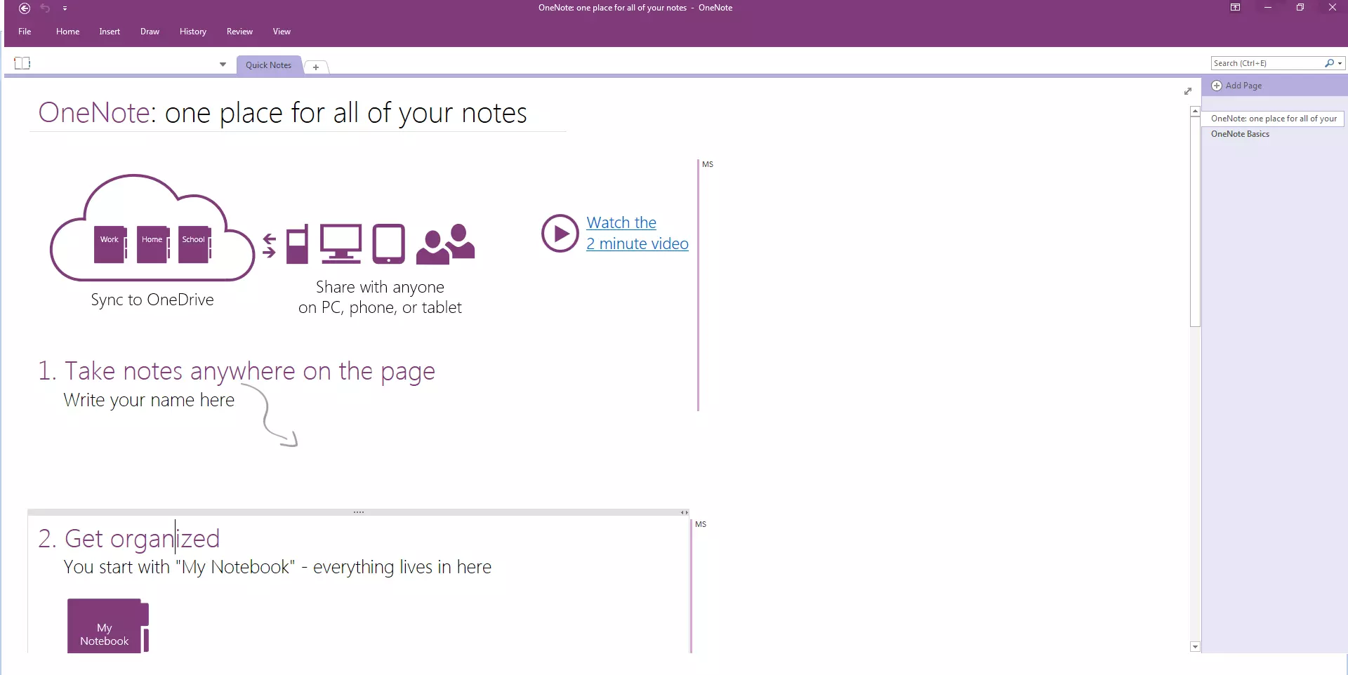 Pantalla de OneNote