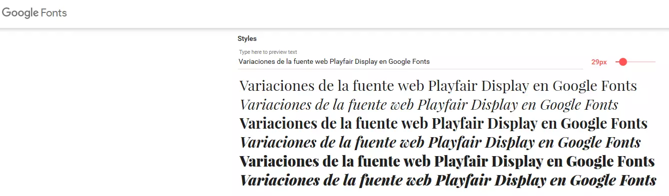 Variaciones de la fuente web Playfair Display en Google Fonts