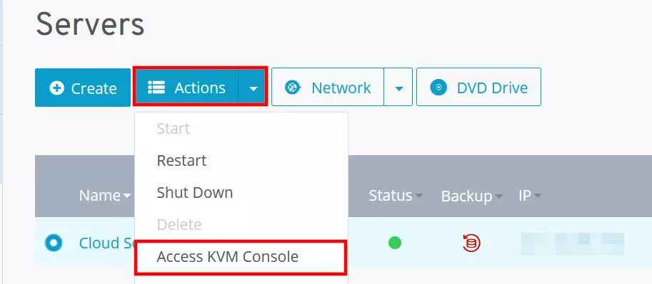 Inicar la consola KVM en la cuenta de cliente de IONOS