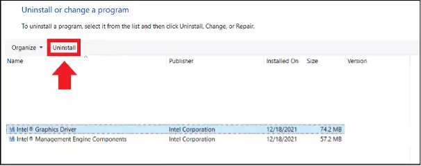 La lista de programas del sistema en el Panel de control de Windows