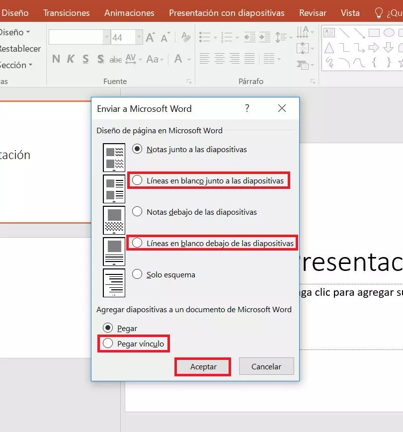 Exportar PowerPoint a Microsoft Word: opciones