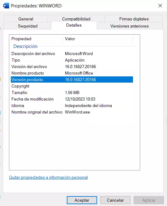 Propiedades del archivo WINWORD.EXE