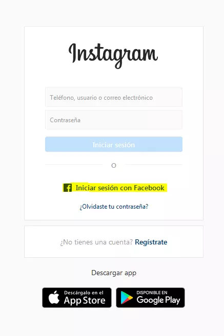 Botón de “Iniciar sesión con Facebook” en la página de inicio de Instagram