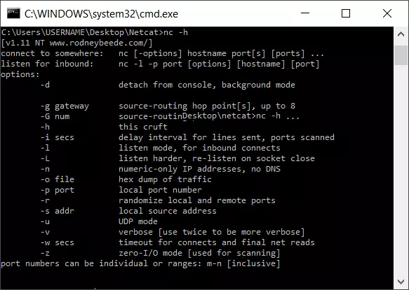 Acceso a la ayuda de Netcat.