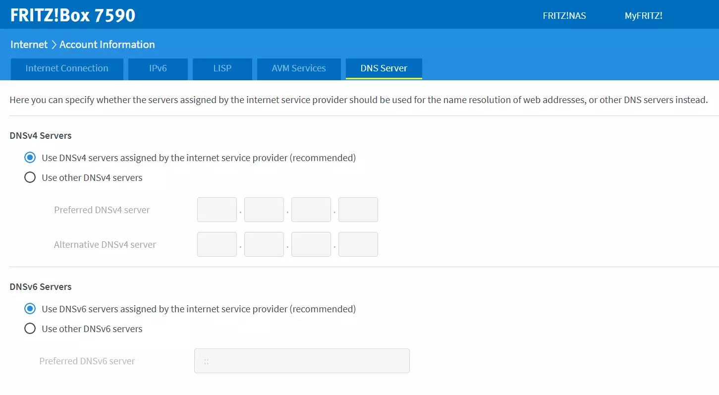 La configuración DNS en la interfaz de administración de Fritz!Box 7590