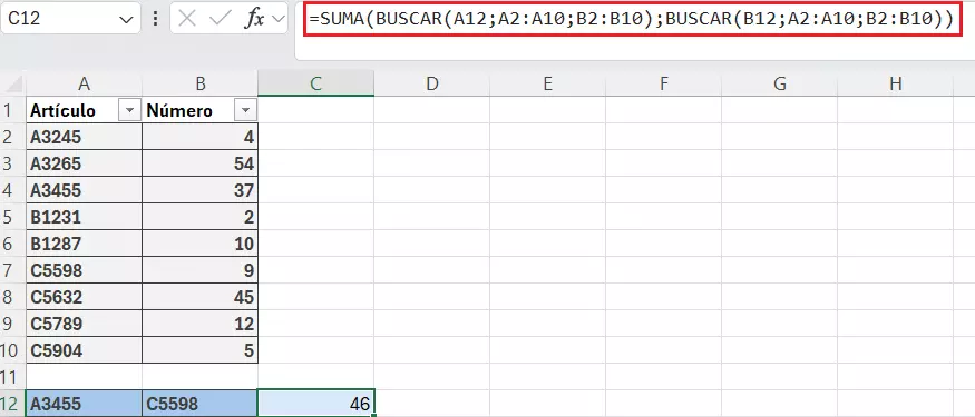 Combinar en Excel las funciones BUSCAR y SUMAR