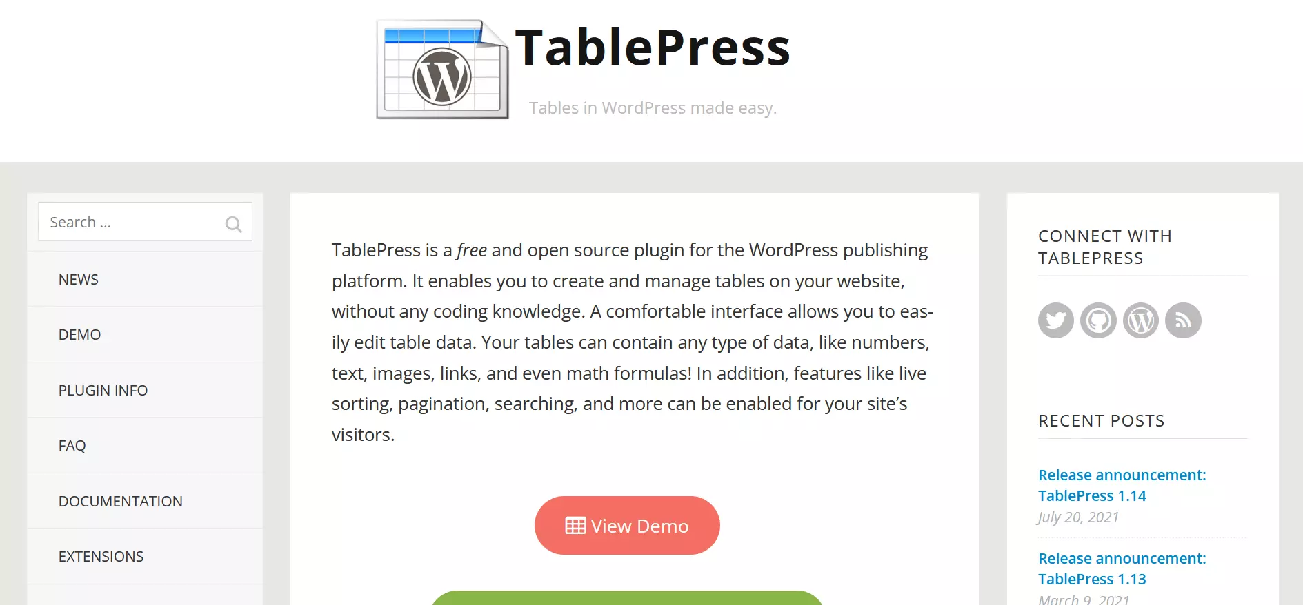 Página de inicio del plugin para WordPress TablePress