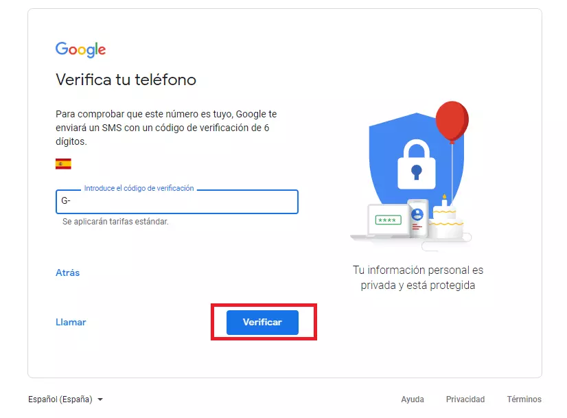 Página para crear una cuenta de Google al introducir otros datos de usuario obligatorios